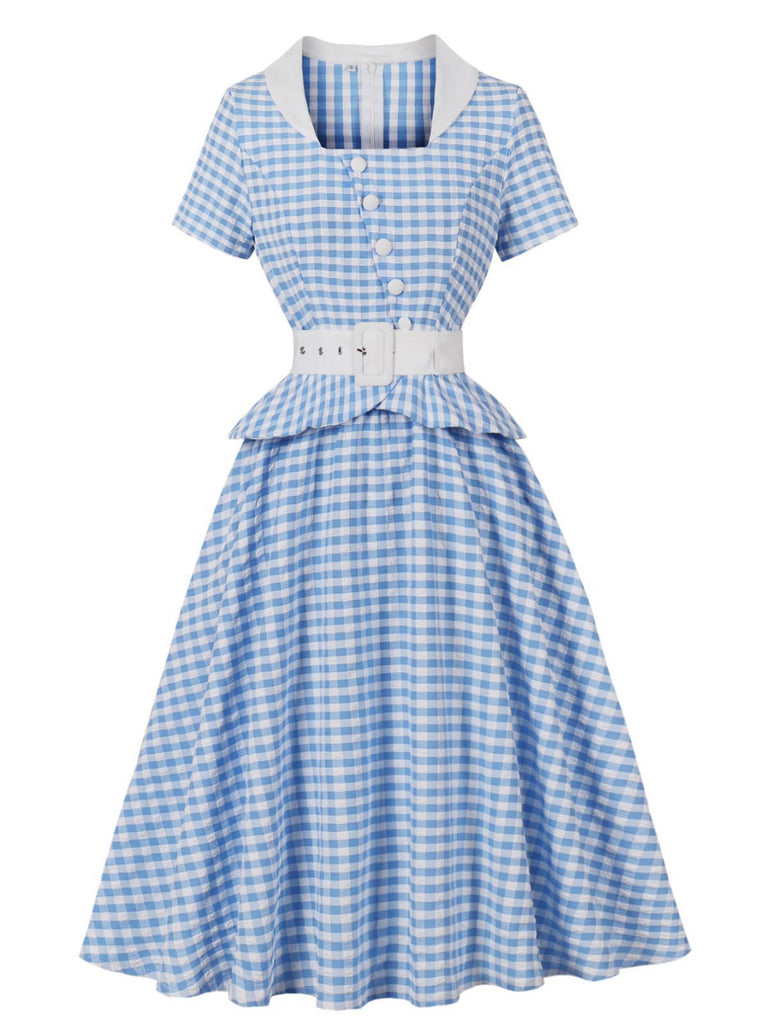 Blue 1950s Gingham Plaid Ruffle Swing Dress - vintage dress, retro fashion, rockabilly