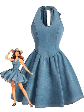 Blue 1950s Halter Bow Denim Top