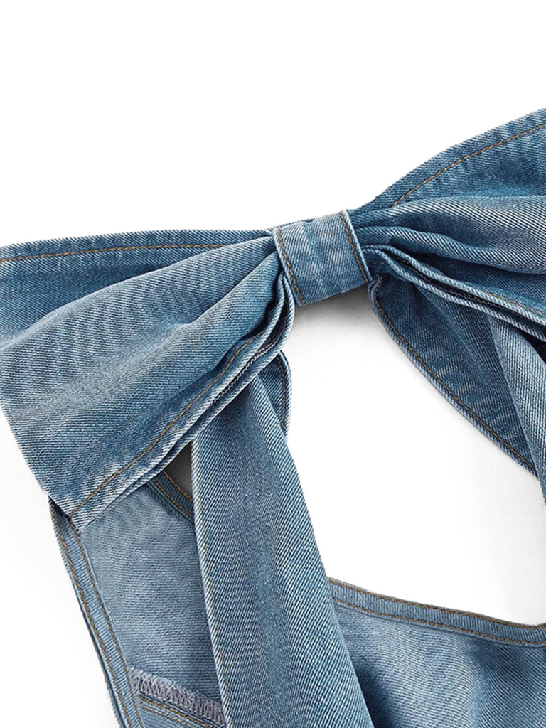 Blue 1950s Halter Bow Denim Top 4