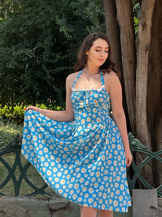 Blue 1950s Halter Lace Daisy Dress - vintage dress, retro fashion, rockabilly