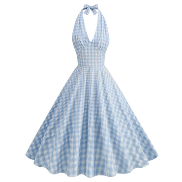 She slips into this Blue 1950s Halter Plaid Swing Dress and suddenly it's a 1950s daydream