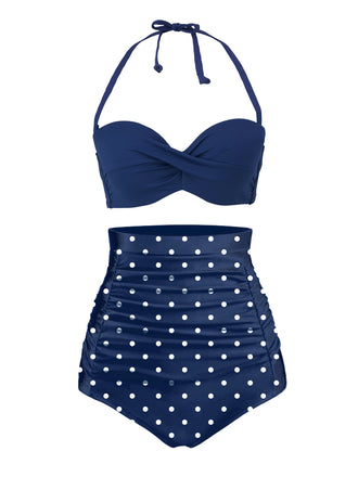 She's wearing Blue 1950s Halter Polka Dots Swimsuit and the whole beach remembers the 1950s
