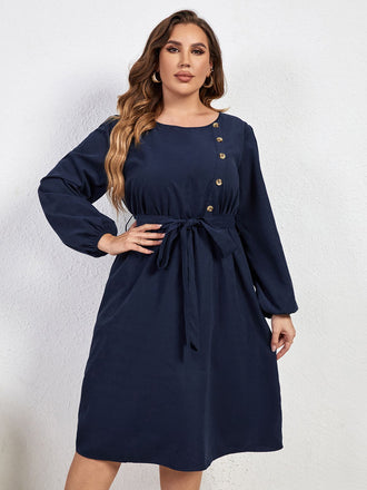 Blue 1950s High-Waist Lantern Sleeve Belted Dress: timeless style reimagined