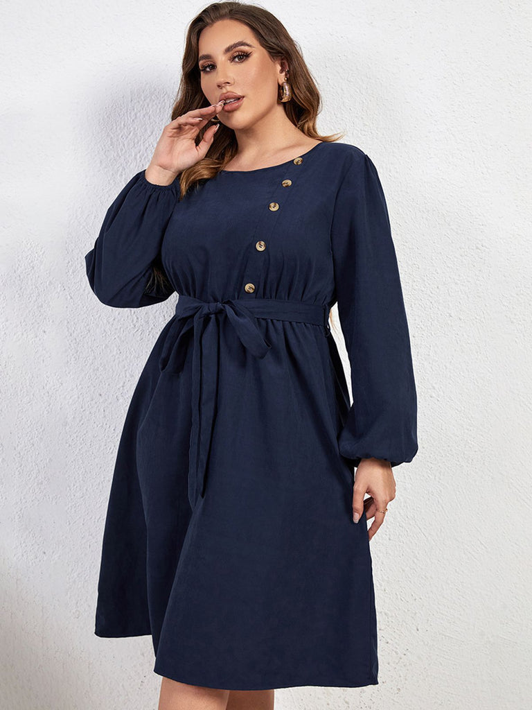 Blue 1950s High-Waist Lantern Sleeve Belted Dress: timeless style reimagined