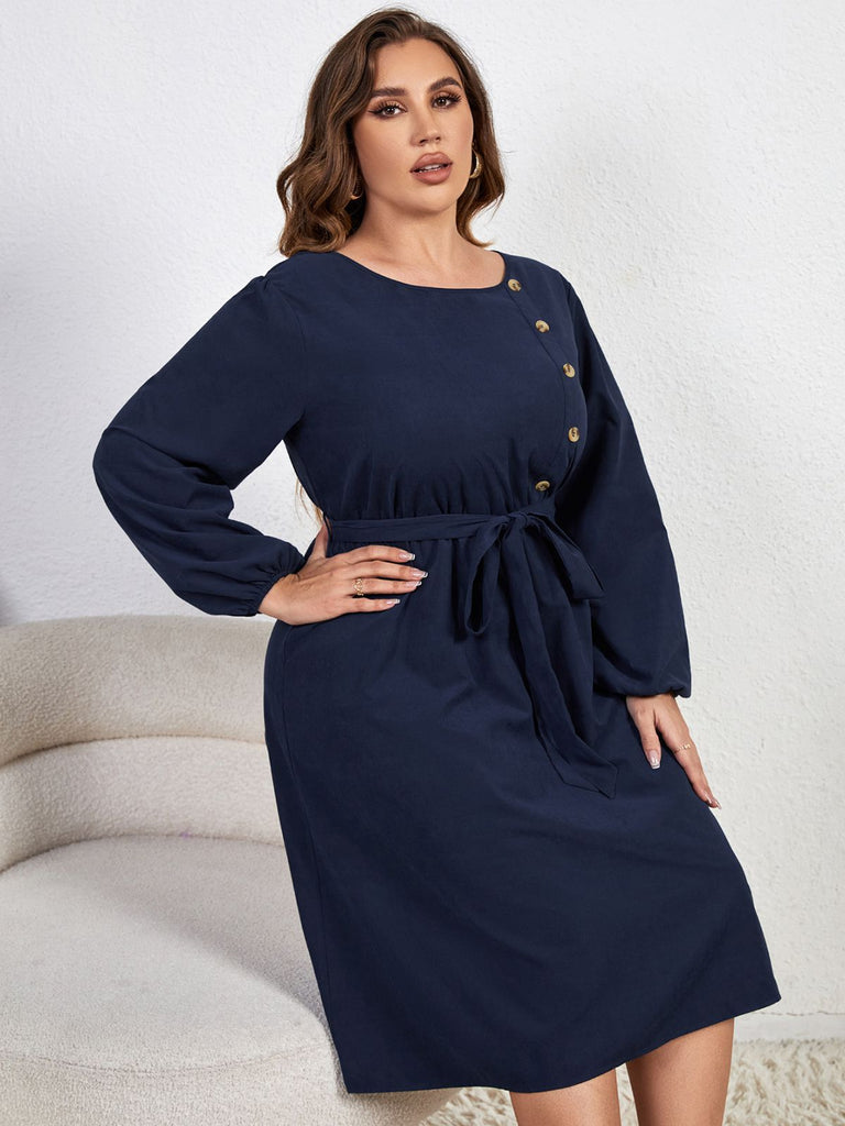 Blue 1950s High-Waist Lantern Sleeve Belted Dress — vintage elegance for the modern woman