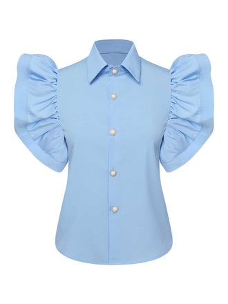 She pairs this Blue 1950s Lapel Ruffles Sleeve Solid Blouse with confidence and 1950s charm