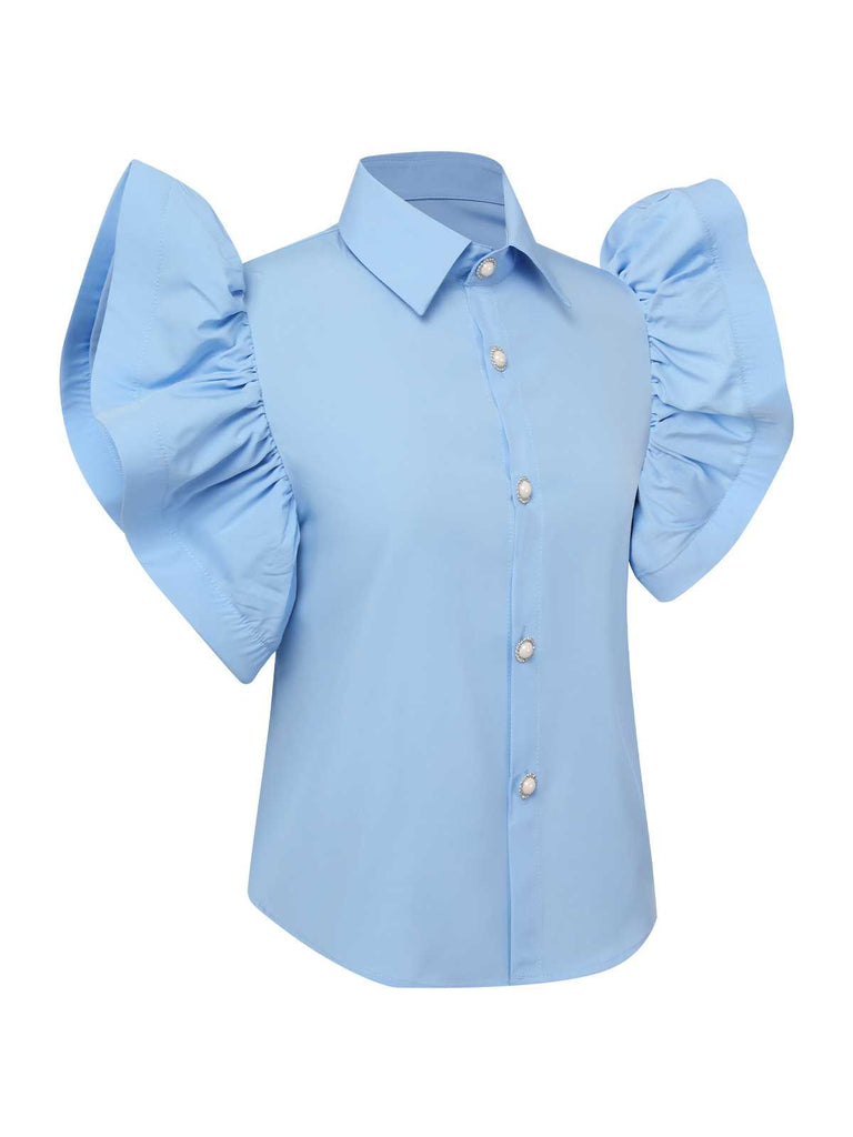 Blue 1950s Lapel Ruffles Sleeve Solid Blouse: a 1950s classic that whispers rather than shouts
