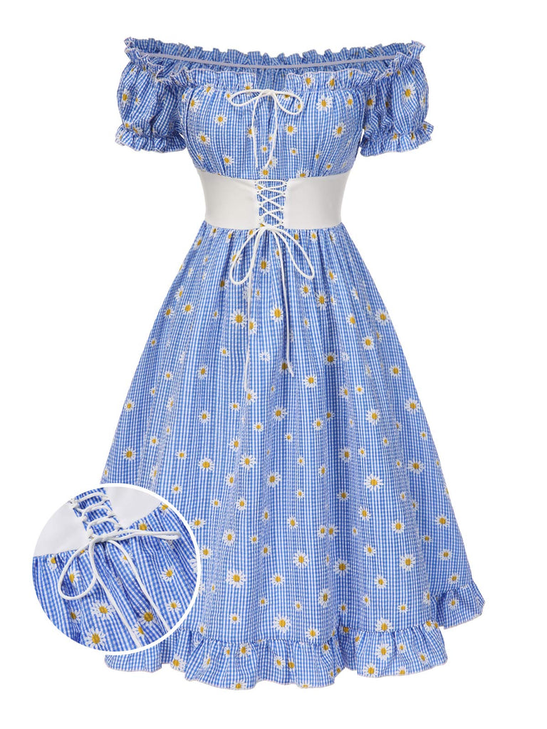Blue 1950s Off-Shoulder Plaids Daisy Lace-Up Dress - vintage dress, retro fashion, rockabilly