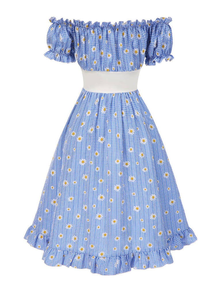 Blue 1950s Off-Shoulder Plaids Daisy Lace-Up Dress - vintage dress, retro fashion, rockabilly