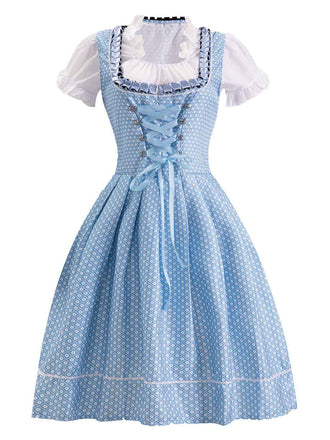 She slips into this Blue 1950s Oktoberfest Lace Patchwork Dress Set and suddenly it's a 1950s daydream