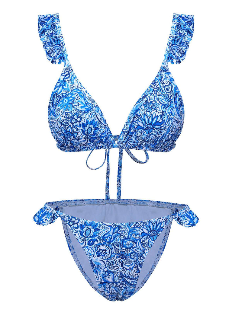 Blue 1950s Paisley Print Ruffle Trim Triangle Bikini Swimsuit, vintage swimsuit, pin-up swimwear - perfect for women who love vintage and retro fashion