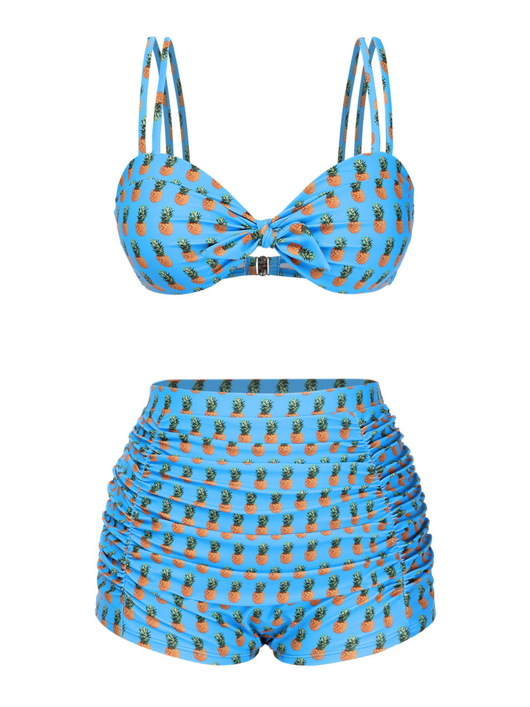 Blue 1950s Pineapple Strap Bow Swimsuit: 1950s Riviera elegance, reimagined for her