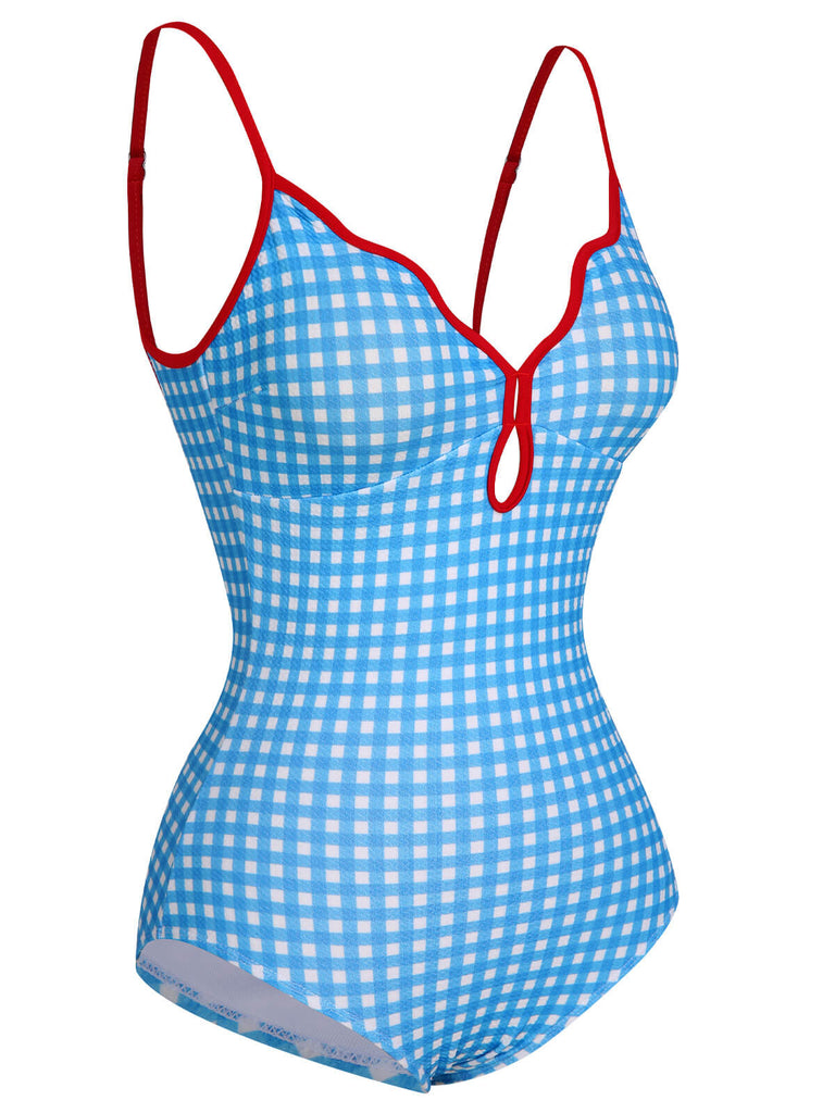Blue 1950s Plaid Sling One-Piece Swimsuit, vintage swimsuit, pin-up swimwear - perfect for women who love vintage and retro fashion