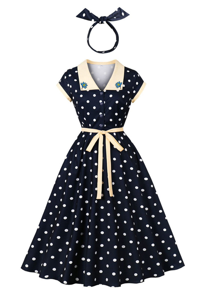 Blue 1950s Polka Dot Embroidered Floral Swing Dress, vintage dress, retro fashion, rockabilly, pin-up fashion - perfect for women who love vintage and retro fashion