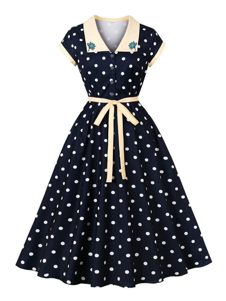 Blue 1950s Polka Dot Embroidered Floral Swing Dress, vintage dress, retro fashion, rockabilly, pin-up fashion - perfect for women who love vintage and retro fashion