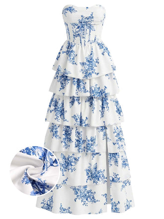 Blue 1930s Floral Strapless Fishbone Tiered Long Dress - vintage dress, retro fashion, floral print for vintage lovers