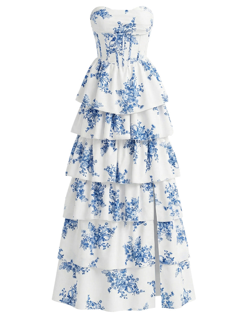 Blue 1930s Floral Strapless Fishbone Tiered Long Dress - vintage dress, retro fashion, floral print for vintage lovers