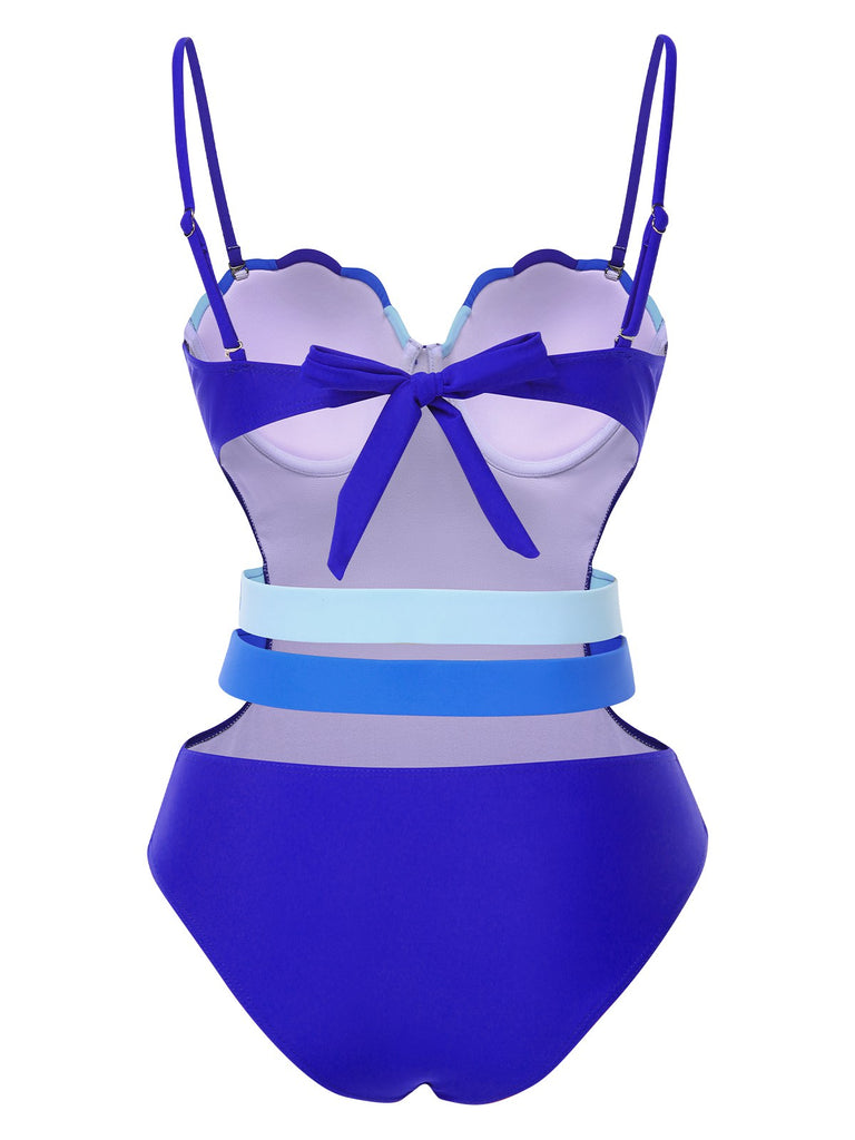 This Blue 1950s Seashell Hollow One-Piece Swimsuit carries 1950s vacation dreams in every stitch
