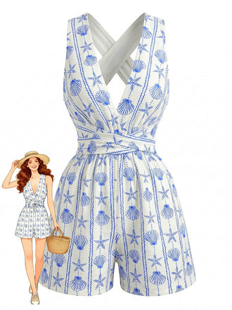 Blue 1950s Shell Print Cross-Back V-Neck Romper - vintage romper, retro jumpsuit for vintage lovers