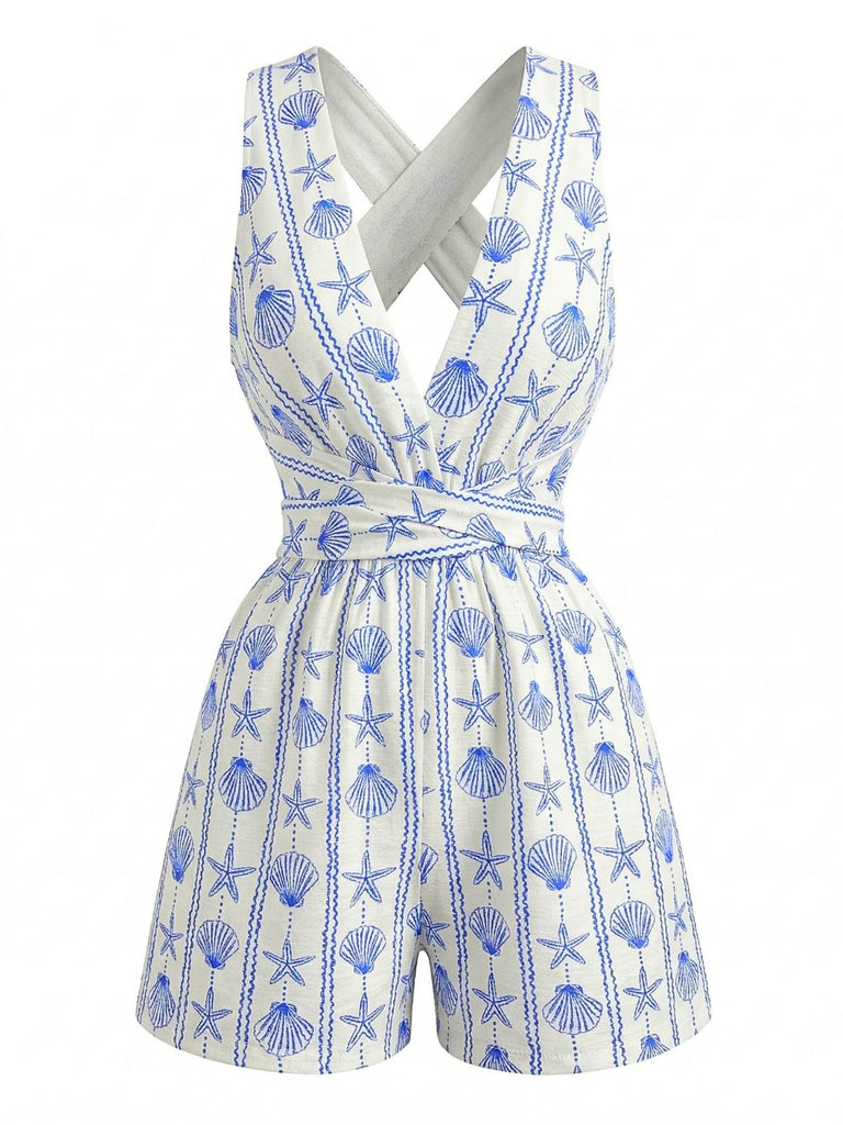 Blue 1950s Shell Print Cross-Back V-Neck Romper - vintage romper, retro jumpsuit for vintage lovers