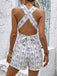 Blue 1950s Shell Print Cross-Back V-Neck Romper - vintage romper, retro jumpsuit for vintage lovers