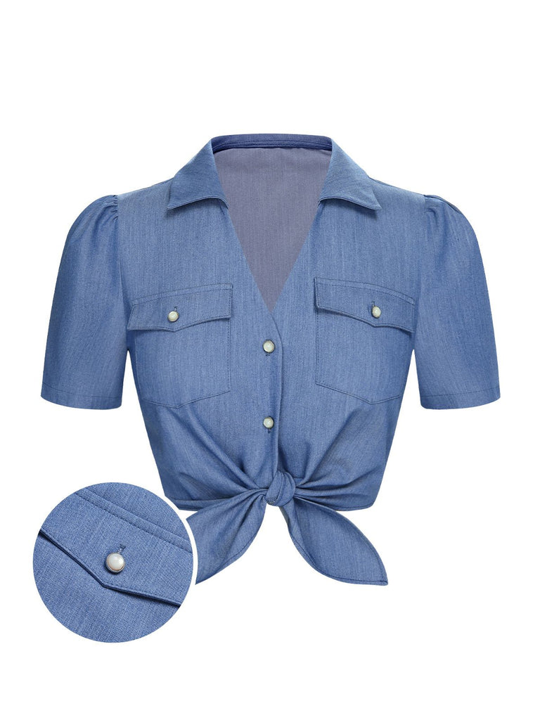 Blue 1950s Solid Waist Tie Lapel Blouse, vintage top, retro blouse - perfect for women who love vintage and retro fashion