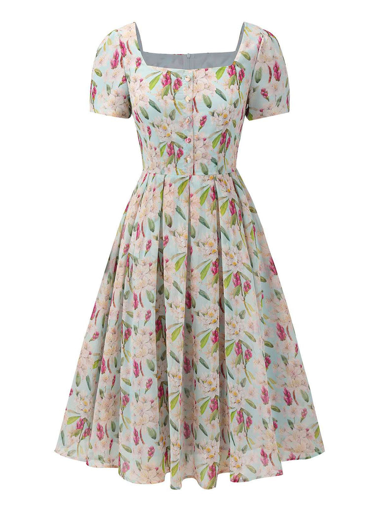 Blue 1950s Square Collar Floral Dress — vintage elegance for the modern woman