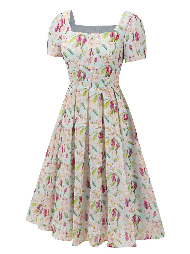 Blue 1950s Square Collar Floral Dress: timeless style reimagined
