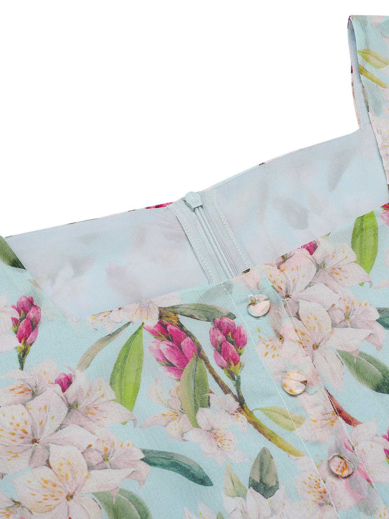 Blue 1950s Square Collar Floral Dress: timeless style reimagined