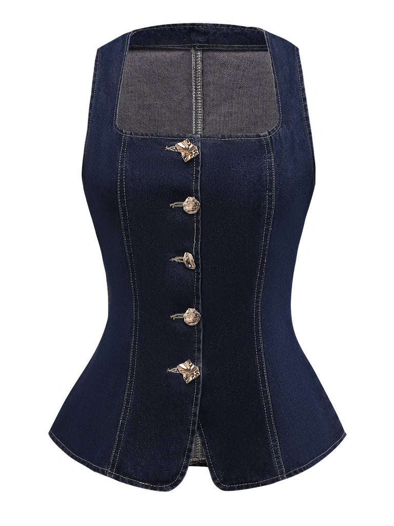 Blue 1950s Square Neck Buttoned Denim Vest - vintage fashion, retro style