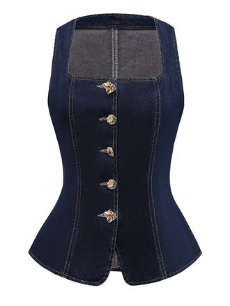 Blue 1950s Square Neck Buttoned Denim Vest - vintage fashion, retro style