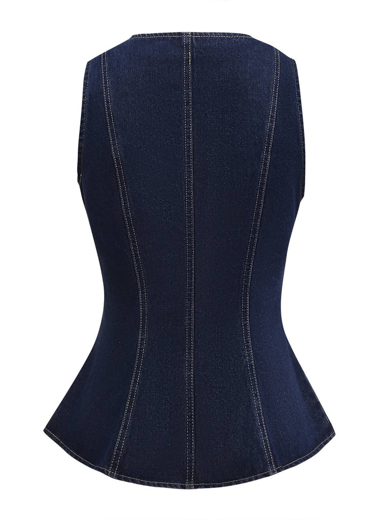 Blue 1950s Square Neck Buttoned Denim Vest - vintage fashion, retro style