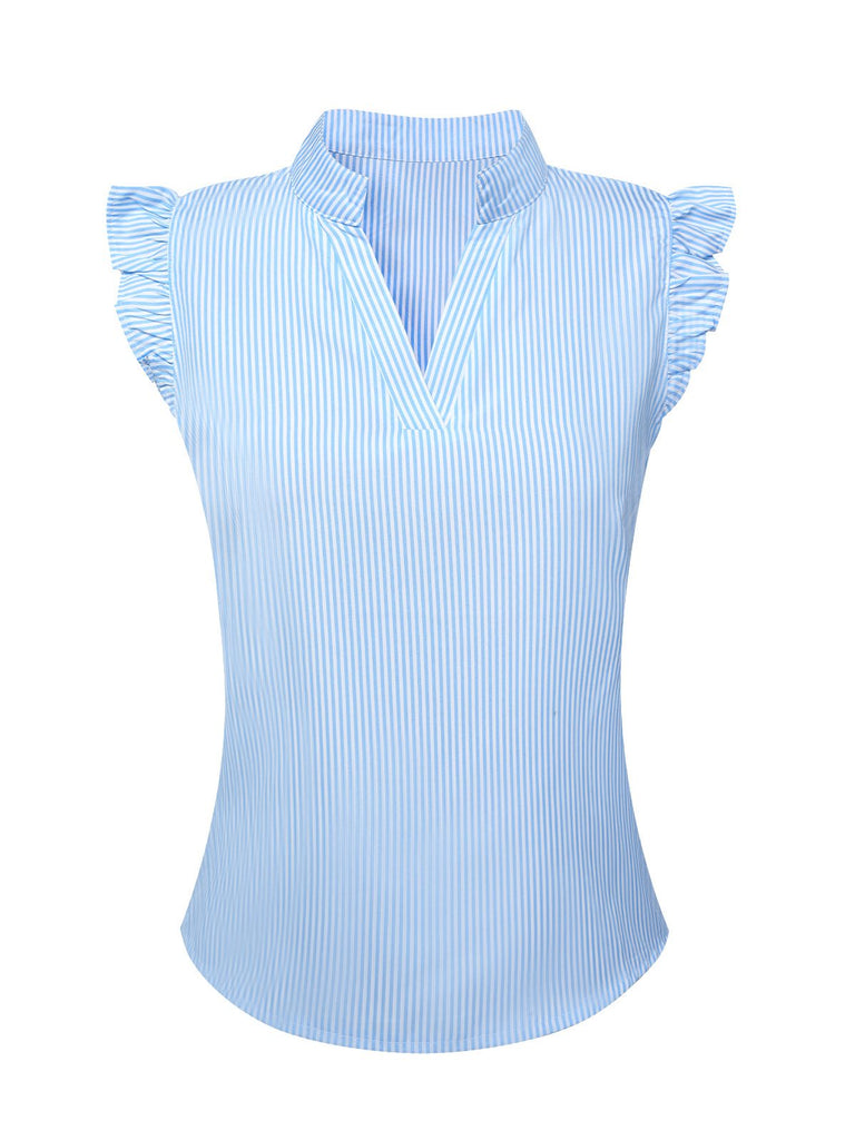 Blue 1950s Stand Collar Ruffle Sleeve Striped Blouse, vintage top, retro blouse - perfect for women who love vintage and retro fashion