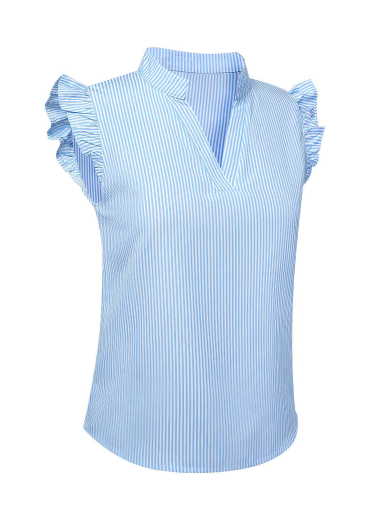 Blue 1950s Stand Collar Ruffle Sleeve Striped Blouse, vintage top, retro blouse - perfect for women who love vintage and retro fashion