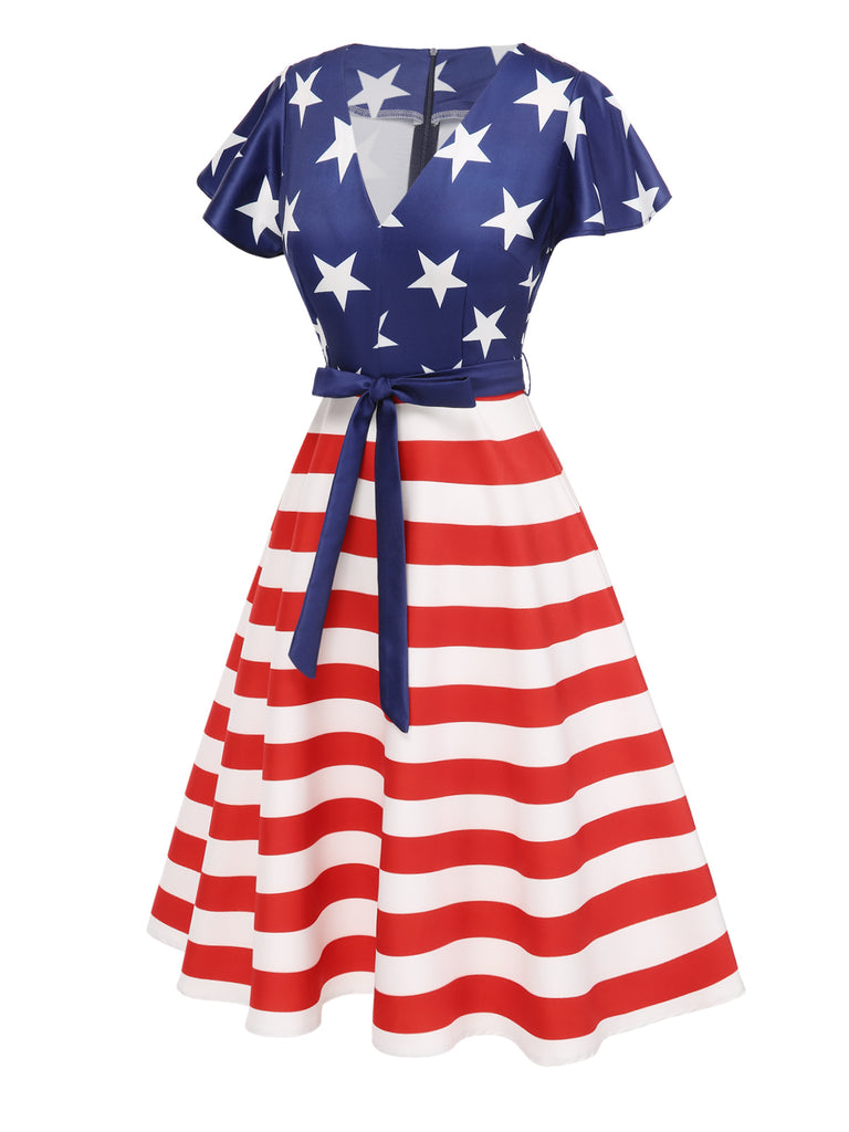 Blue 1950s Star Stripe V-Neck Patchwork Dress — the kind of 1950s dress that makes strangers smile