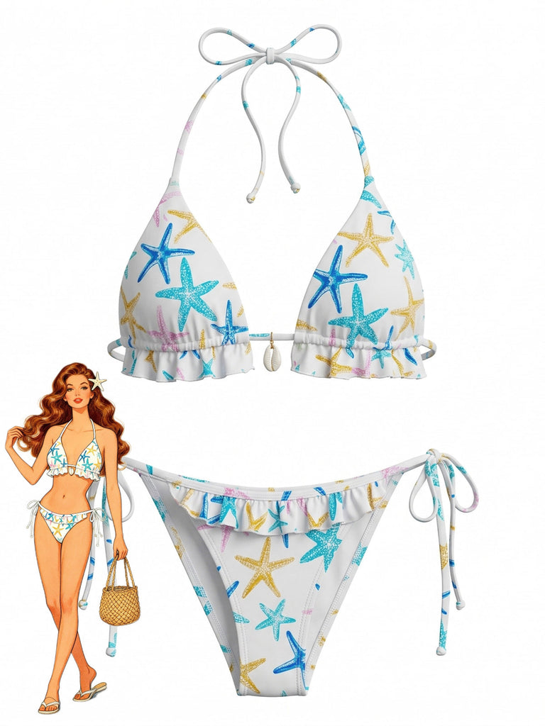 Blue 1950s Starfish Print Halter Ruffled Bikini Set - vintage swimsuit, pin-up swimwear for vintage lovers