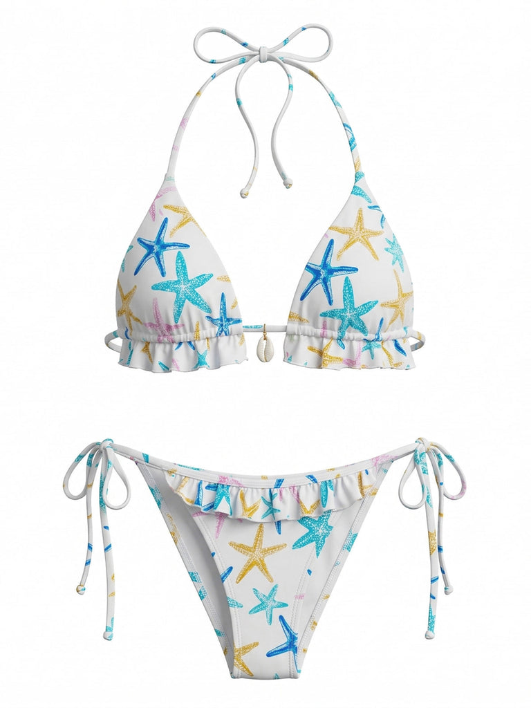 Blue 1950s Starfish Print Halter Ruffled Bikini Set - vintage swimsuit, pin-up swimwear for vintage lovers