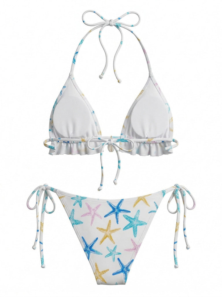 Blue 1950s Starfish Print Halter Ruffled Bikini Set - vintage swimsuit, pin-up swimwear for vintage lovers