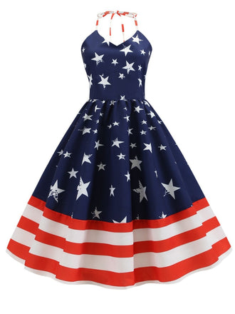 She slips into this Blue 1950s Stars & Stripes Swing Dress and suddenly it's a 1950s daydream