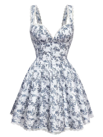 Blue 1950s Strap Floral Lace Corset Dress - vintage dress, retro fashion, rockabilly