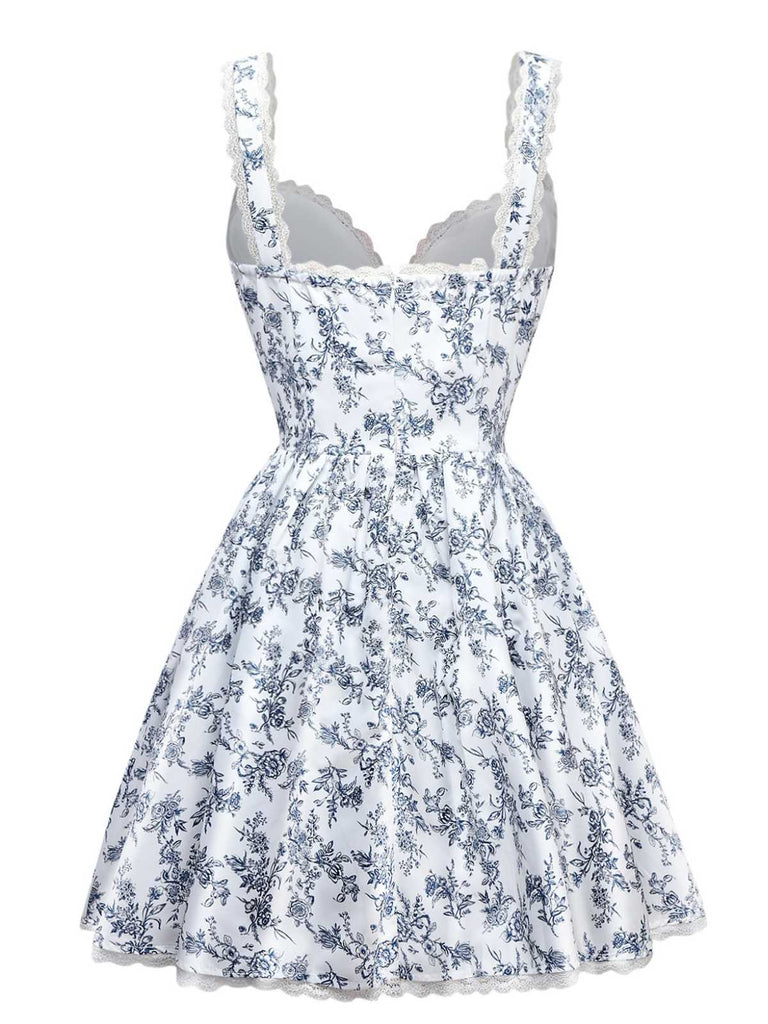 Blue 1950s Strap Floral Lace Corset Dress - vintage dress, retro fashion, rockabilly