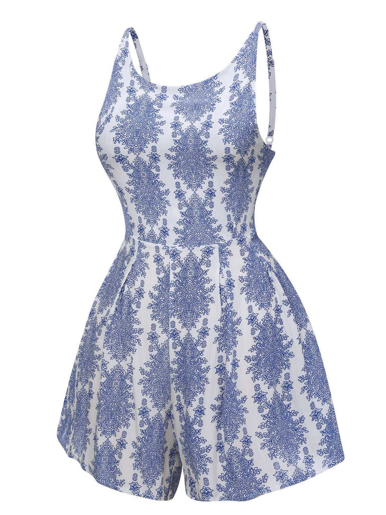 Blue 1950s Strap Print Backless Romper: timeless 1950s elegance she makes her own
