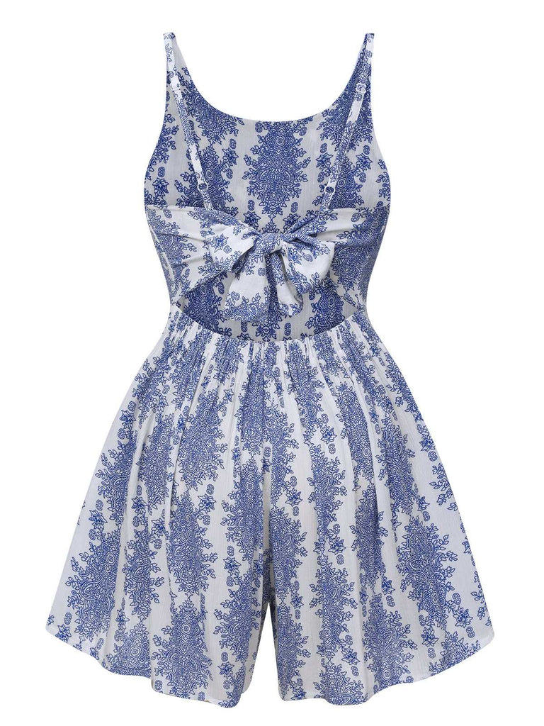 This Blue 1950s Strap Print Backless Romper whispers 1950s secrets to those who notice
