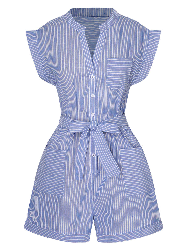 Blue 1950s Striped Belt Pocket Romper, vintage romper, retro jumpsuit - perfect for women who love vintage and retro fashion