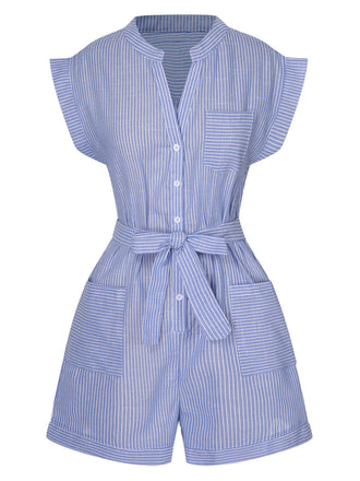 Blue 1950s Striped Belt Pocket Romper, vintage romper, retro jumpsuit - perfect for women who love vintage and retro fashion