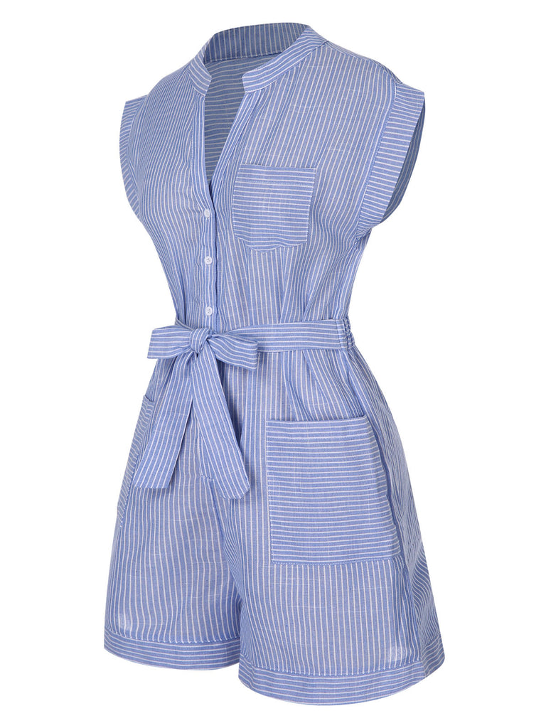 Blue 1950s Striped Belt Pocket Romper, vintage romper, retro jumpsuit - perfect for women who love vintage and retro fashion