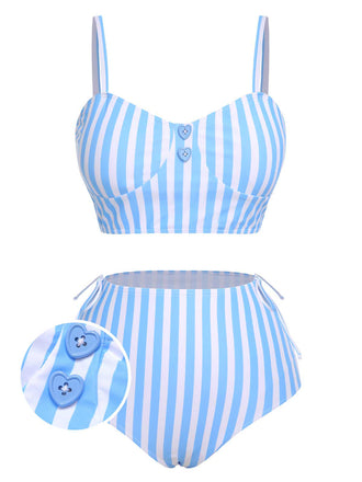 Blue 1950s Striped Heart Button Swimsuit, vintage swimsuit, pin-up swimwear - perfect for women who love vintage and retro fashion