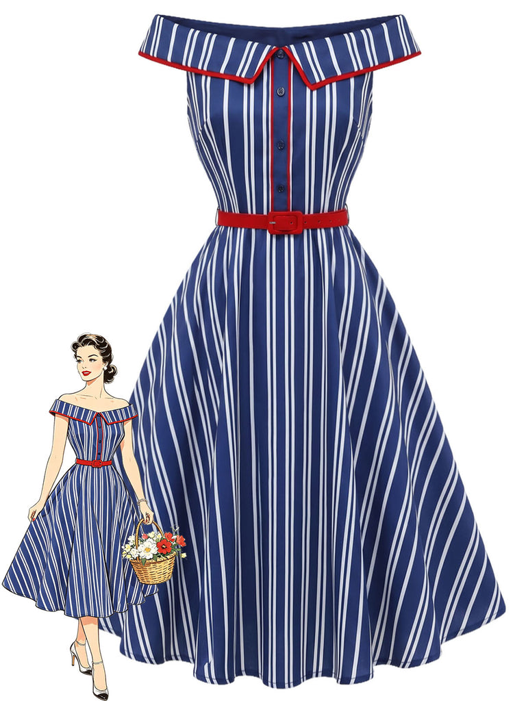 [Pre-Sale] Blue 1950s Striped Off Shoulder Swing Dress, vintage dress, retro fashion, rockabilly, pin-up fashion - perfect for women who love vintage and retro fashion