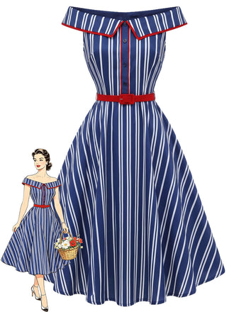 [Pre-Sale] Blue 1950s Striped Off Shoulder Swing Dress, vintage dress, retro fashion, rockabilly, pin-up fashion - perfect for women who love vintage and retro fashion