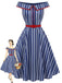 [Pre-Sale] Blue 1950s Striped Off Shoulder Swing Dress, vintage dress, retro fashion, rockabilly, pin-up fashion - perfect for women who love vintage and retro fashion